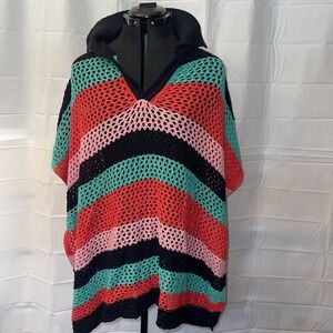 Free People Bayside Stripe Open Knit Crochet Poncho One Size Boho Hippie‎